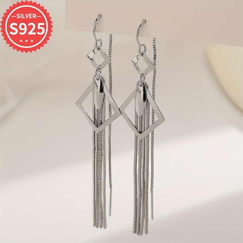 925 Silver Tassel Earrings Geometric Diamond Hollow Dangle Hypoallergenic Fringe